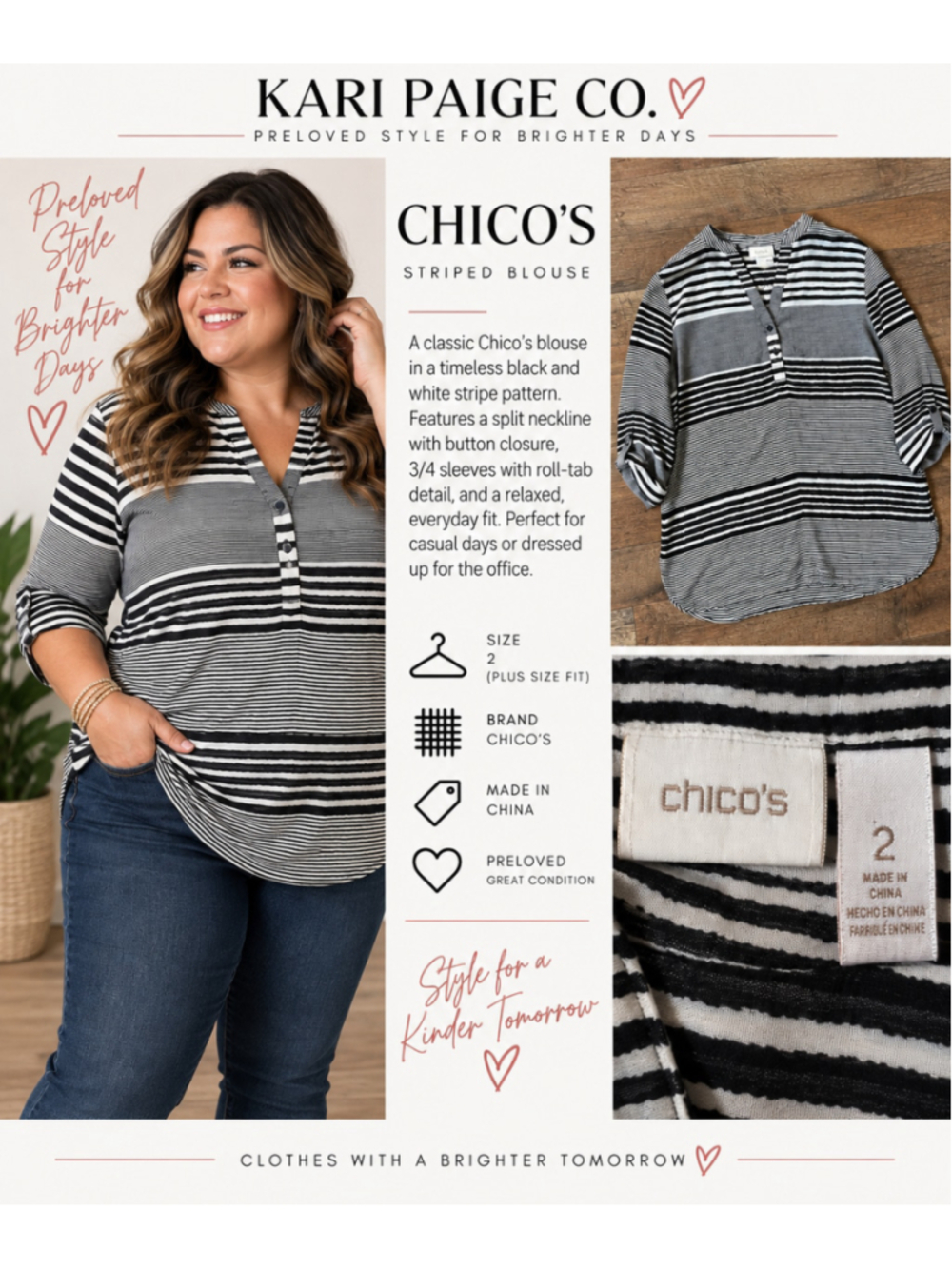 Women's Chico's Striped Blouse Black White Size 14 F26